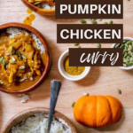 A simple creamy pumpkin chicken curry made with chicken, thickened with coconut milk, and served over jasmine rice. Great for leftovers!