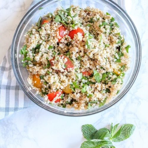This easy tabbouleh is a cinch to make when you need a quick side dish. Made with cherry tomatoes, mint, parsley, and cracked bulgur wheat.
