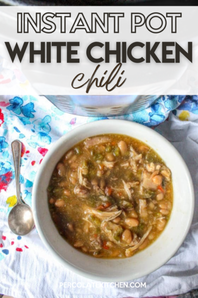 Instant Pot white chicken chili, made in just 60 minutes with frozen chicken, dried beans, bell peppers, jalapenos, and seasonings.