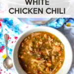Instant Pot white chicken chili, made in just 60 minutes with frozen chicken, dried beans, bell peppers, jalapenos, and seasonings.