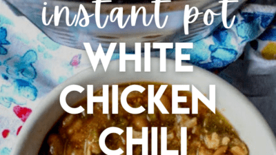 Instant Pot white chicken chili, made in just 60 minutes with frozen chicken, dried beans, bell peppers, jalapenos, and seasonings.