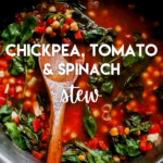 This simple one pan chickpea stew combines garbanzo beans, tomatoes, spinach, onions, garlic and seasonings. And it freezes great, too!