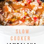 Slow cooker jambalaya with sausage, shrimp, green peppers, onions, seasonings, and instant rice. Instructions for using fresh rice included!