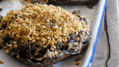 Stuffed portobello mushrooms with wild rice, sausage, crispy panko topping. Includes easy instructions to prep and freeze!