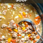 Slow cooker stuffed pepper soup made with ground beef, diced tomatoes, and a bit of brown sugar to mimic the caramelized flavor of roasted peppers!