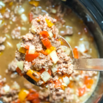 Slow cooker stuffed pepper soup made with ground beef, diced tomatoes, and a bit of brown sugar to mimic the caramelized flavor of roasted peppers!
