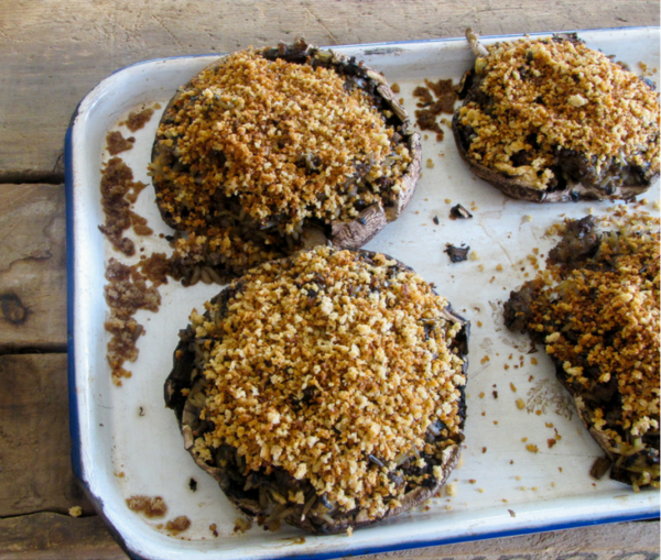 Stuffed portobello mushrooms with wild rice, sausage, crispy panko topping. Includes easy instructions to prep and freeze!