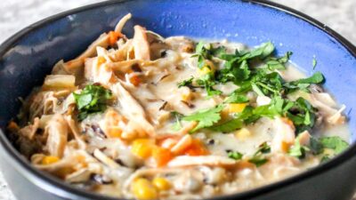 Creamy chicken and wild rice soup, and corn kernels share pops of sweetness throughout. This soup freezes great, too!