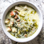 Creamy slow cooker chowder with chicken, salty ham, chopped spinach, and topped with croutons and grated swiss.