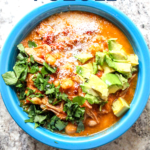 Stew simmered with tomatoes, chipotle, hominy and shredded pork shoulder. It’s a play on the classic New Mexican soup pozole.