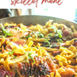 Seared tomato and honey chicken with spinach and red onion, all swirled together with fettuccine pasta for an easy one-pan weeknight meal!
