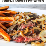 Herb crusted skirt steak with fresh cilantro and parsley, with a side of crisp-edged roasted sweet potatoes and slow-cooked onions.