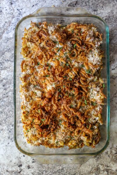 Old school comfort! No cans of soup used, just creamy mixture of macaroni noodles & canned tuna, topped with crispy panko and French onions