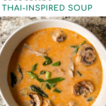 Smooth coconut and Thai curry soup with chicken and mushroom. Makes a great make-ahead soup recipe for working from home lunch!