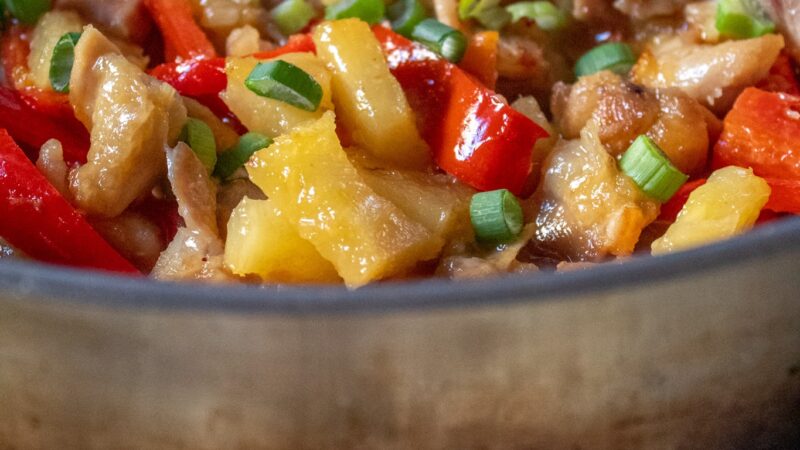 Tender pieces of chicken with peppers, pineapple, ginger, & sweet-sour sauce. Make in the Instant Pot, slow cooker, or stir-fry on the stove.