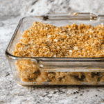 A lightened-up, weeknight version of the French “cassoulet”, with breadcrumbs on top to mimic crust. Shrimp makes it come together quick!