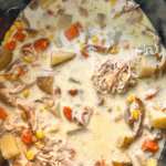 This creamy chicken and corn chowder starts with seared chicken and bacon, building flavor from the get-go. Added cream for smoothness!