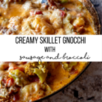 Creamy, cheesy skillet gnocchi cooked with crumbled sausage, and broccoli florets, and topped with a shower of parmesan cheese.