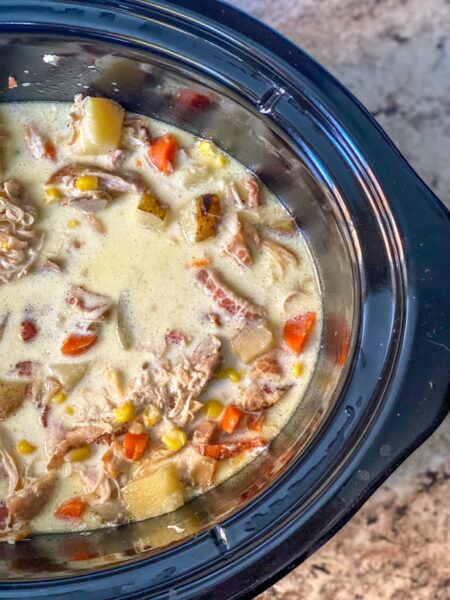 This creamy chicken chowder starts with seared chicken and bacon that build flavor from the get-go. Add cream at the end for smoothness!