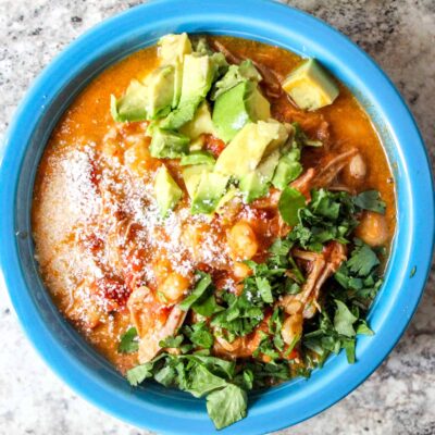 Stew simmered with tomatoes, chipotle, hominy and shredded pork shoulder. It’s a play on the classic New Mexican soup pozole.