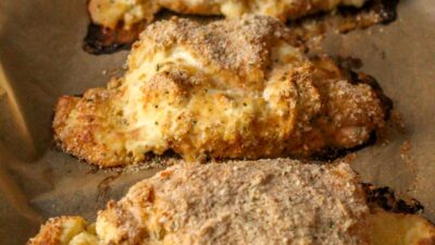 Tender chicken breasts pounded thin and rolled around a creamy mixture of ricotta, cream cheese, and lemon. Coated in crispy panko!