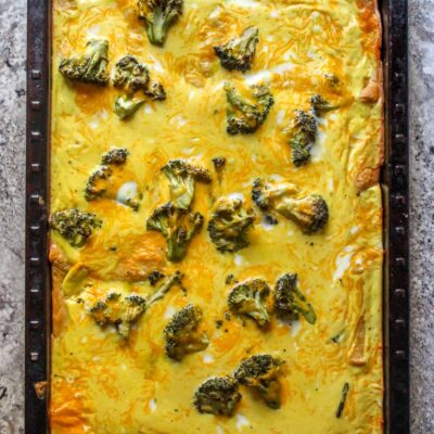 Great "Breakfast at Dinner" idea, or a sheet pan breakfast for a crowd! Use canned biscuit dough topped with a fluffy egg mixture and cheese.