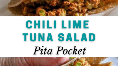 An easy chili and lime tuna salad pita pocket, made with avocado mayonnaise! This make-ahead lunch idea is low-carb packs well.