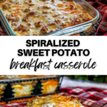 Gluten-free breakfast casserole made with spiralized sweet potatoes and sausage; easy to make ahead and great for a crowd.