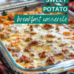 Gluten-free breakfast casserole made with spiralized sweet potatoes and sausage; easy to make ahead and great for a crowd.
